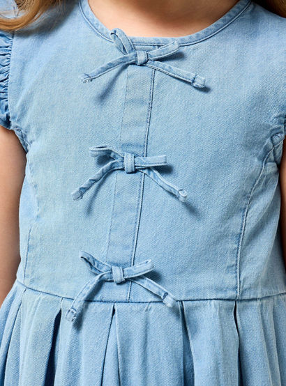 Juniors Round Neck Sleeveless A-line Denim Dress with Bow Detail-girls-clothing-dressesandjumpsuits-image-5