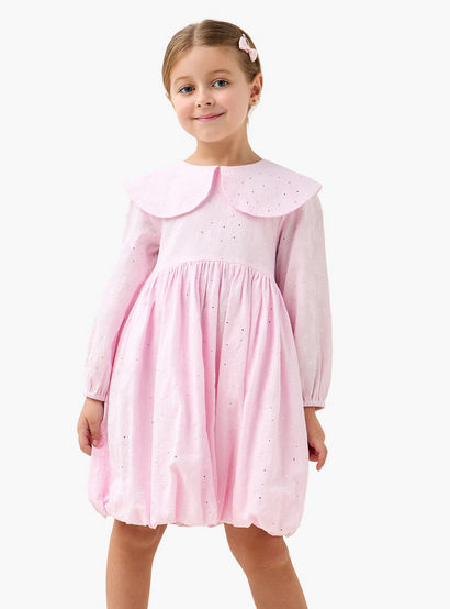 Juniors Peter Pan Collar Long Sleeves Balloon Dress with Embellished Detail-girls-clothing-dressesandjumpsuits-image-1