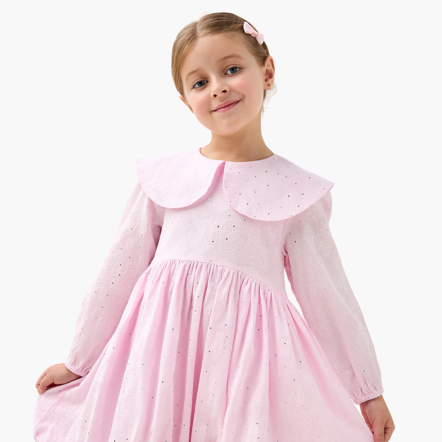 Juniors Peter Pan Collar Long Sleeves Balloon Dress with Embellished Detail