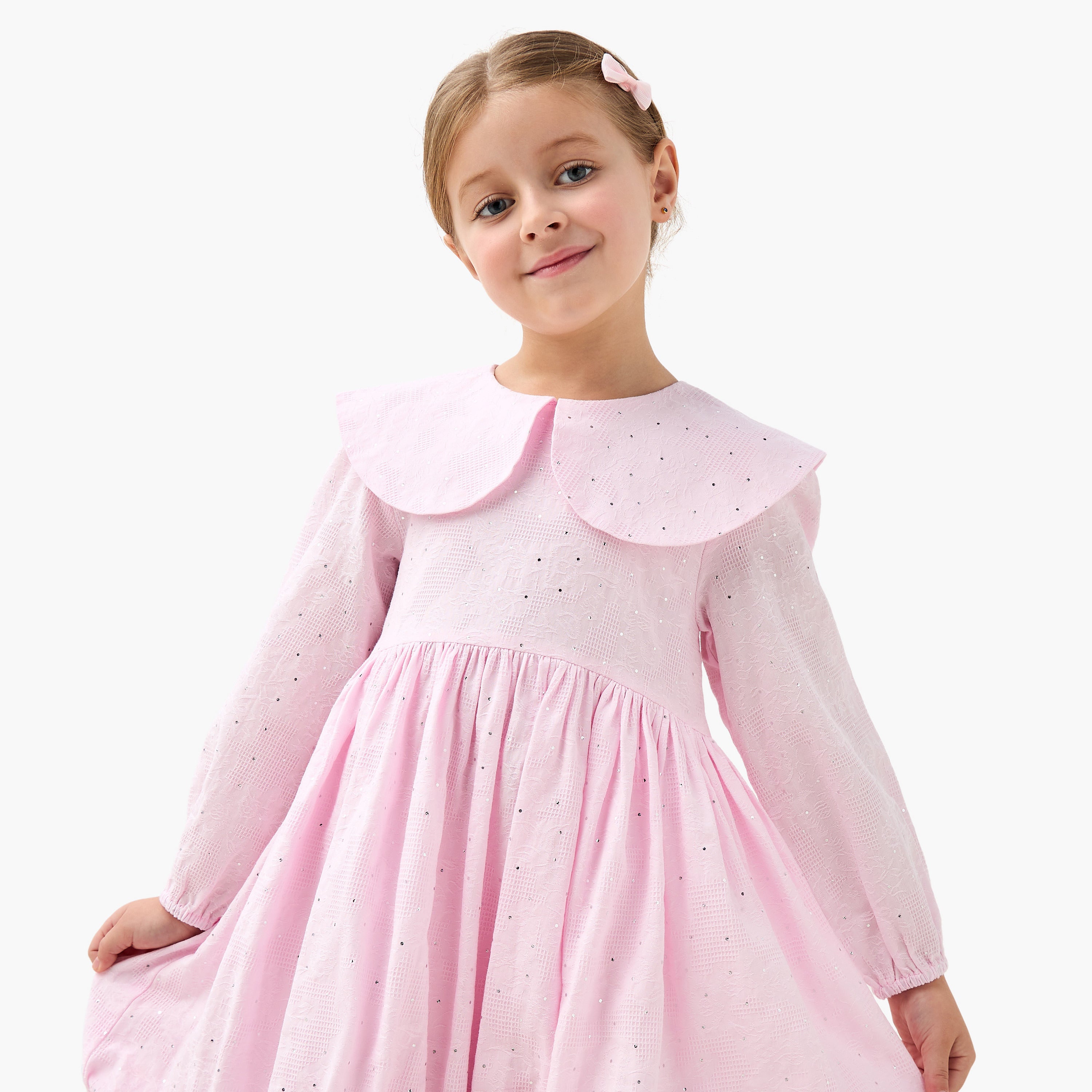 Juniors Peter Pan Collar Long Sleeves Balloon Dress with Embellished Detail