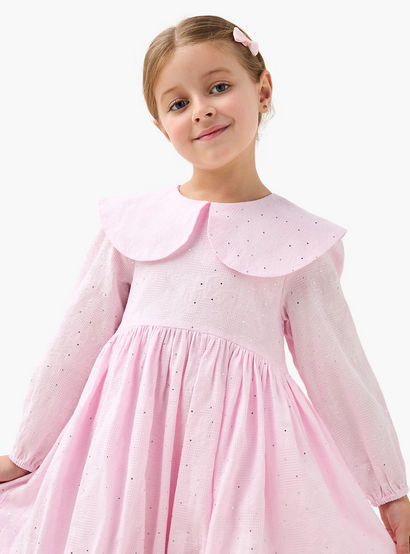 Juniors Peter Pan Collar Long Sleeves Balloon Dress with Embellished Detail-girls-clothing-dressesandjumpsuits-image-5