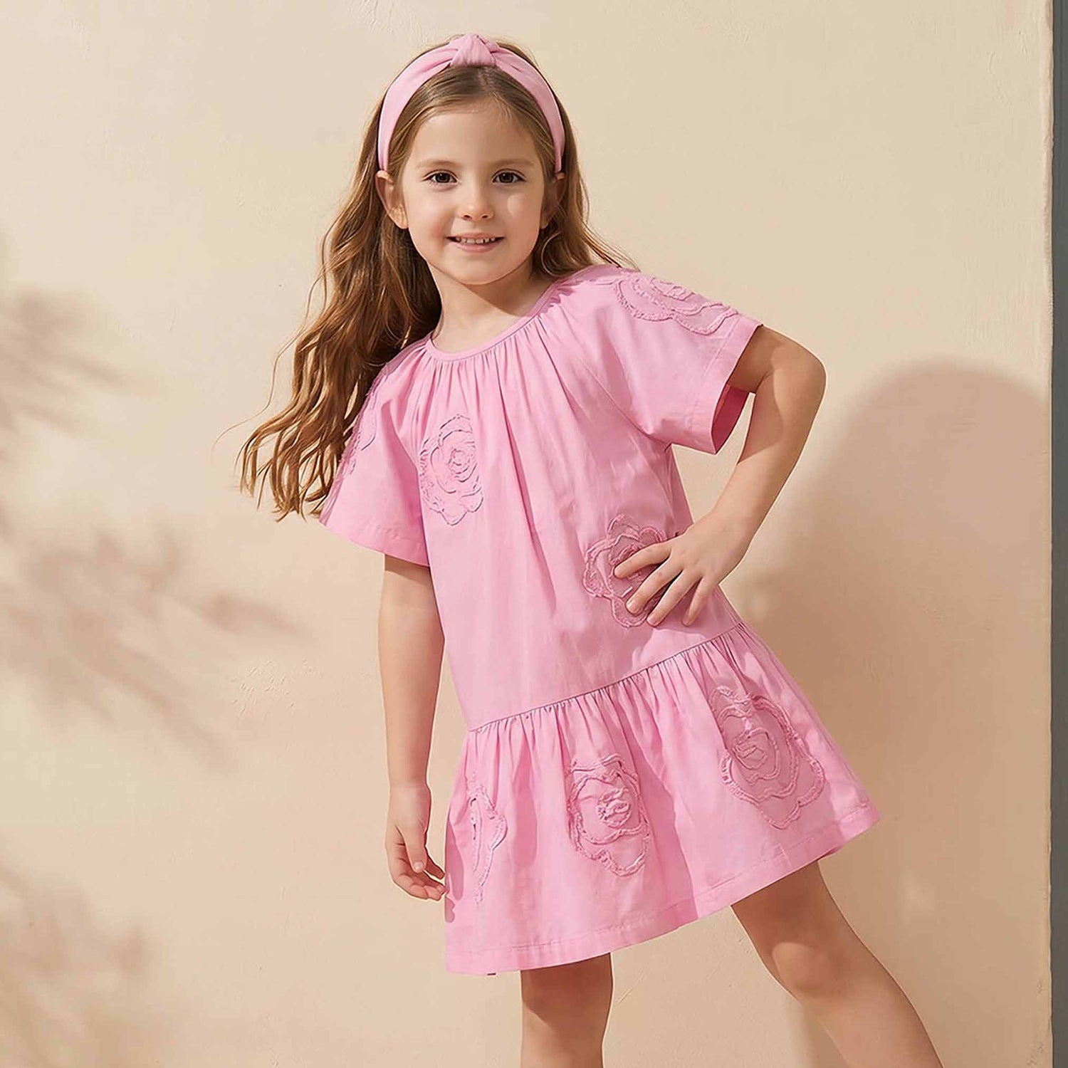 Juniors Round Neck Short Sleeves Knee Length Drop Waist Dress with Floral Lace Detail