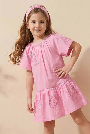 Juniors Round Neck Short Sleeves Knee Length Drop Waist Dress with Floral Lace Detail