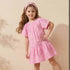 Juniors Round Neck Short Sleeves Knee Length Drop Waist Dress with Floral Lace Detail - Pink / 1-2 yrs