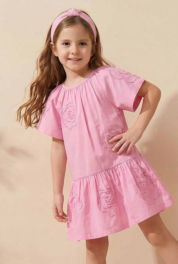 Juniors Round Neck Short Sleeves Knee Length Drop Waist Dress with Floral Lace Detail
