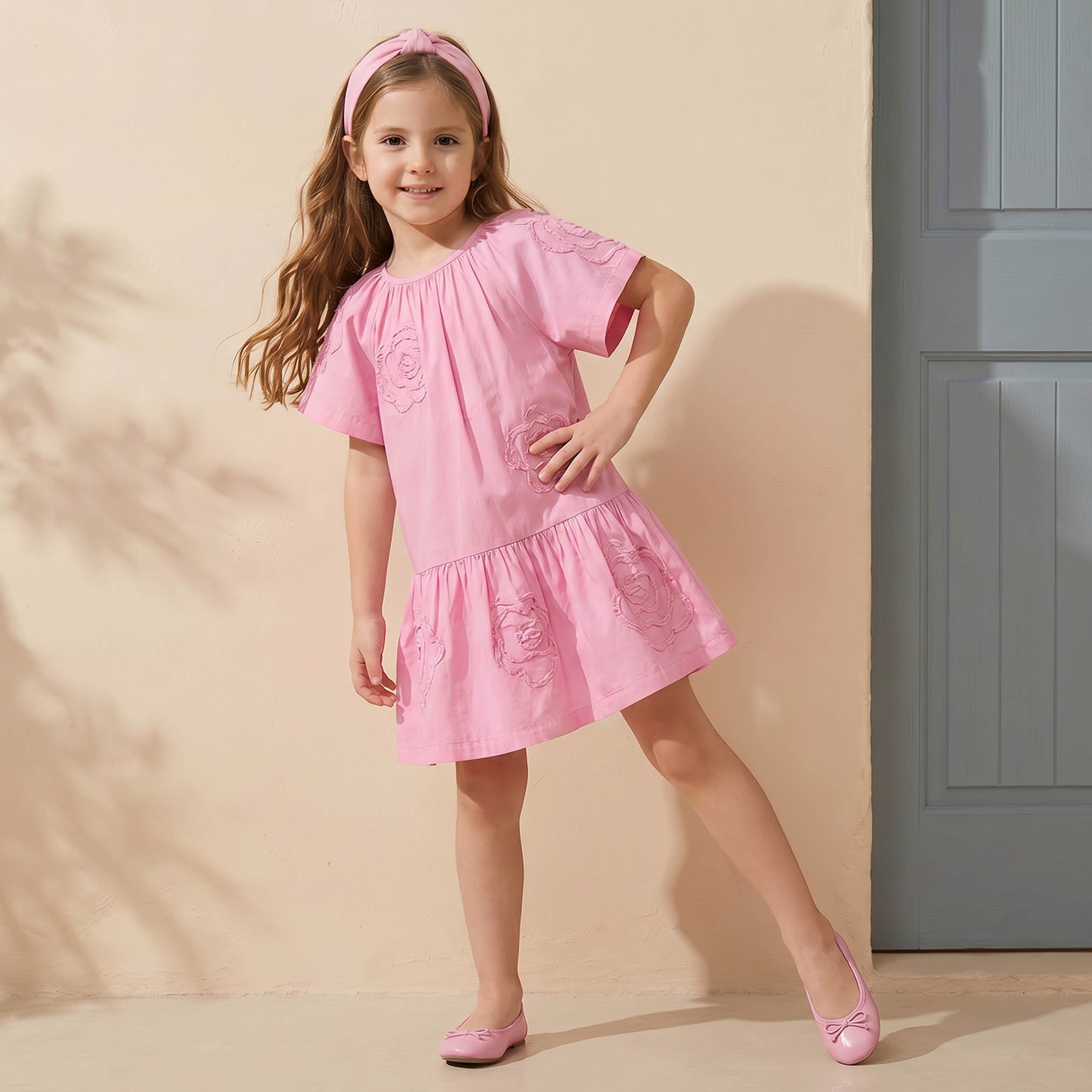 Juniors Round Neck Short Sleeves Knee Length Drop Waist Dress with Floral Lace Detail