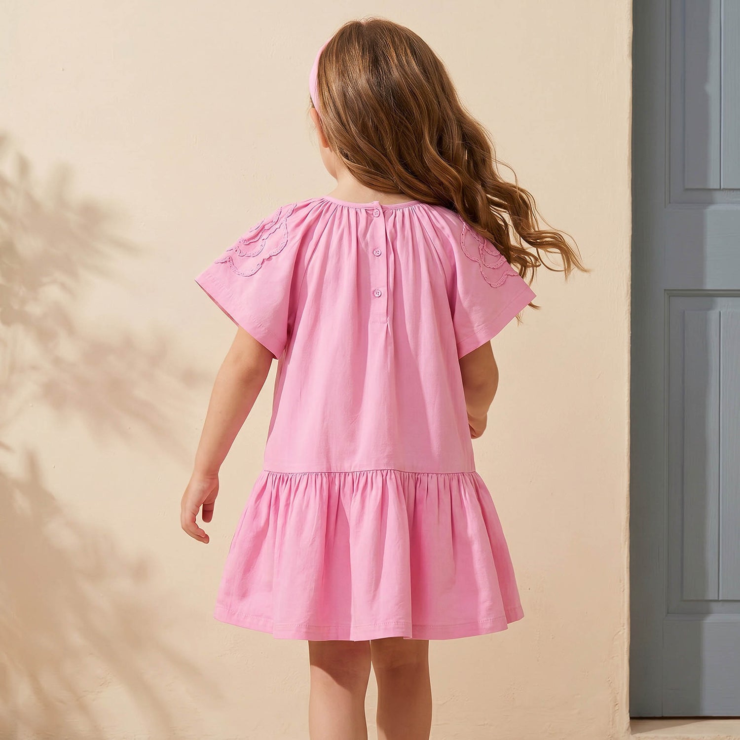 Juniors Round Neck Short Sleeves Knee Length Drop Waist Dress with Floral Lace Detail