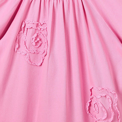 Juniors Round Neck Short Sleeves Knee Length Drop Waist Dress with Floral Lace Detail