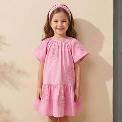 Juniors Round Neck Short Sleeves Knee Length Drop Waist Dress with Floral Lace Detail