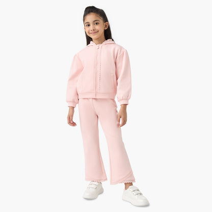 Juniors Hooded Long Sleeves Sweatshirt and Track Pants Set with Lace Trim - Pink / 1-2 yrs