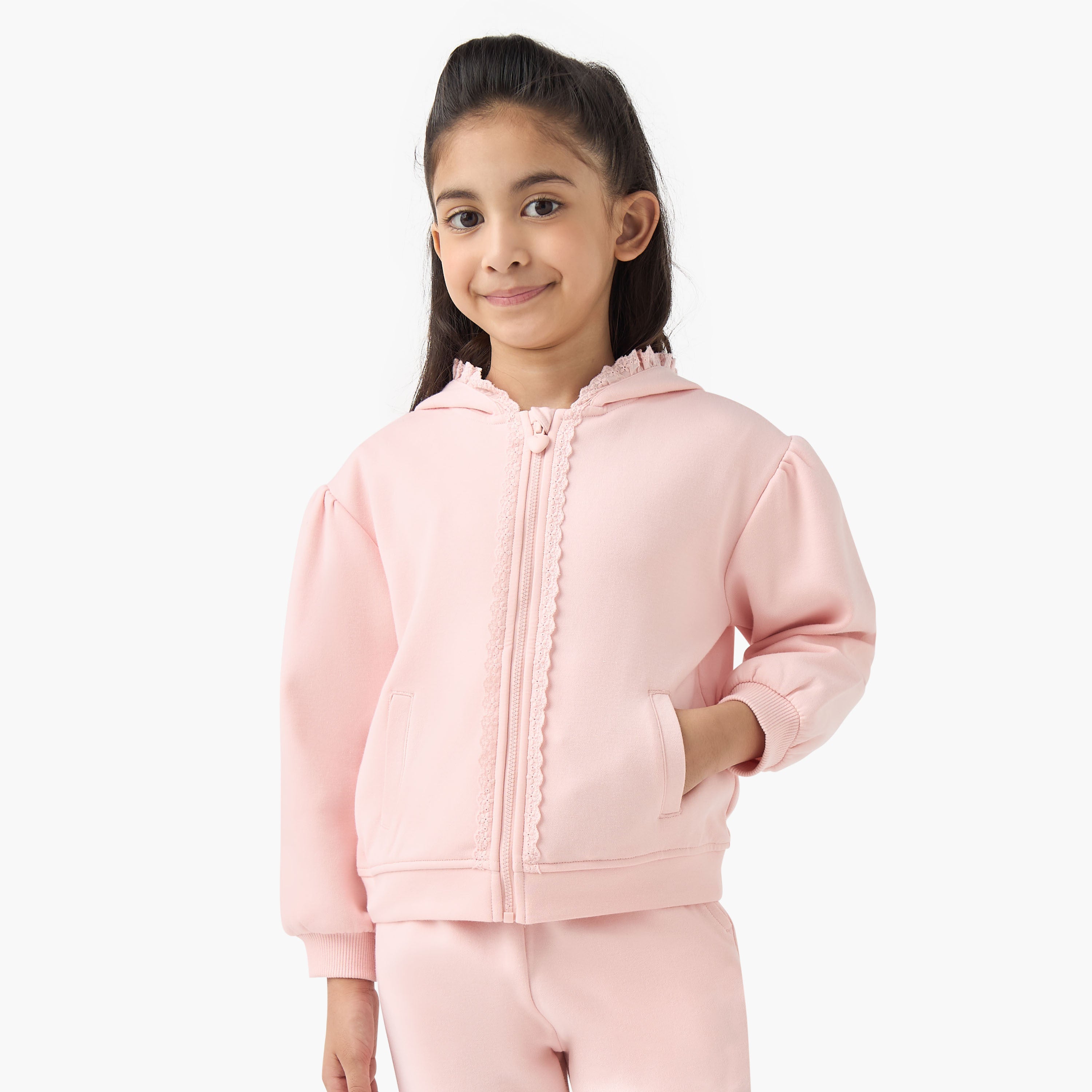 Juniors Hooded Long Sleeves Sweatshirt and Track Pants Set with Lace Trim