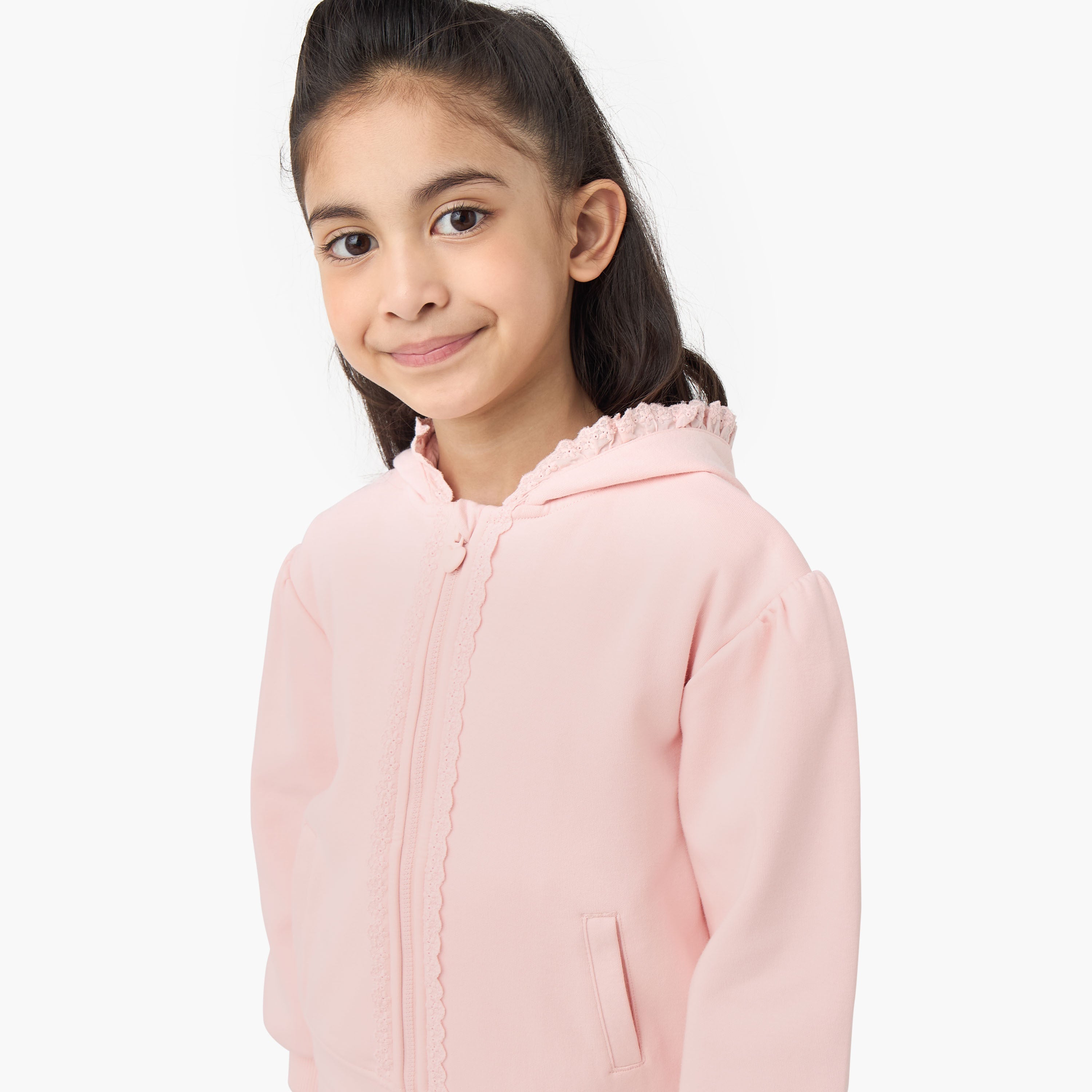 Juniors Hooded Long Sleeves Sweatshirt and Track Pants Set with Lace Trim