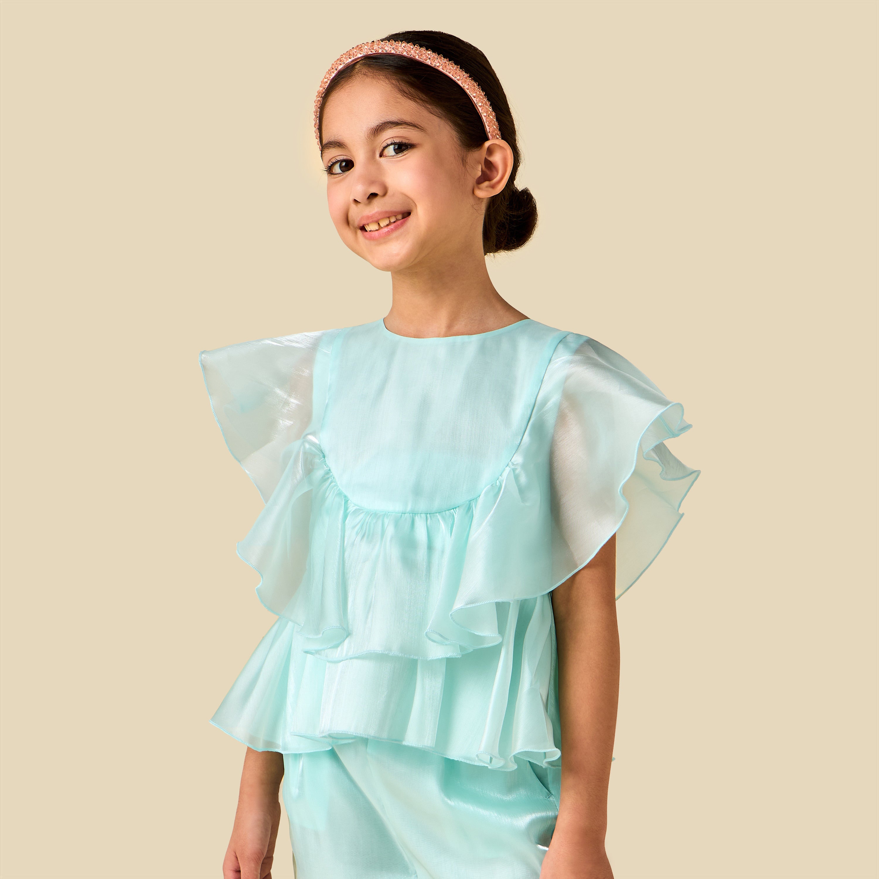 Juniors Crew Neck Sleeveless Top and Pants Set with Ruffle Detail