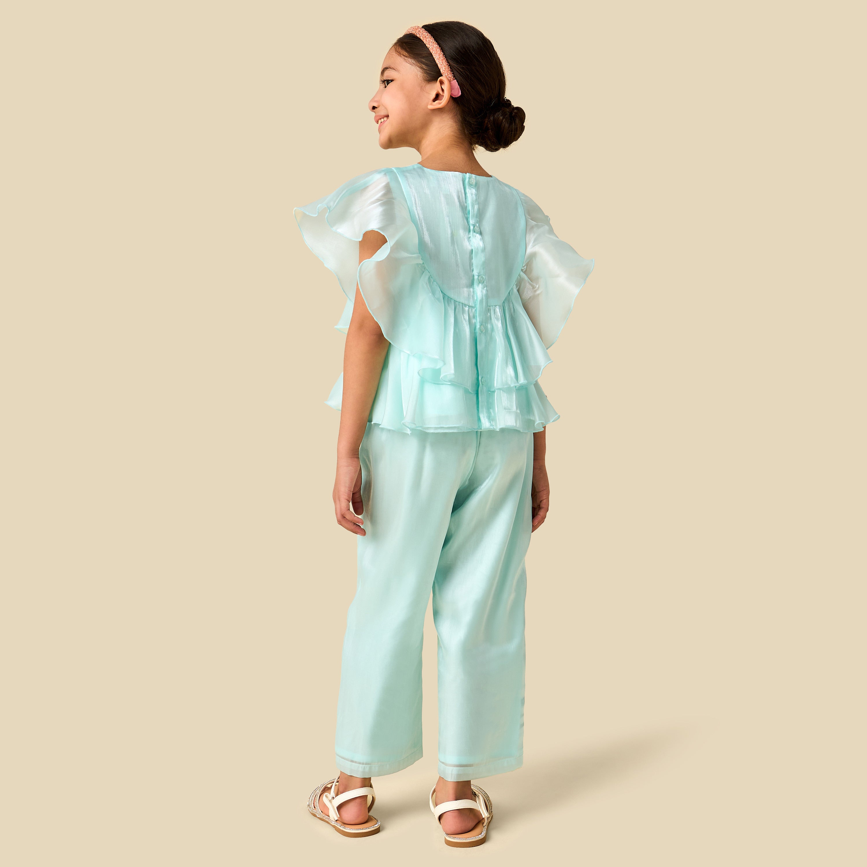 Juniors Crew Neck Sleeveless Top and Pants Set with Ruffle Detail