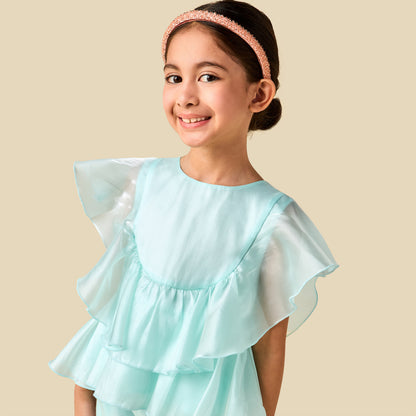Juniors Crew Neck Sleeveless Top and Pants Set with Ruffle Detail