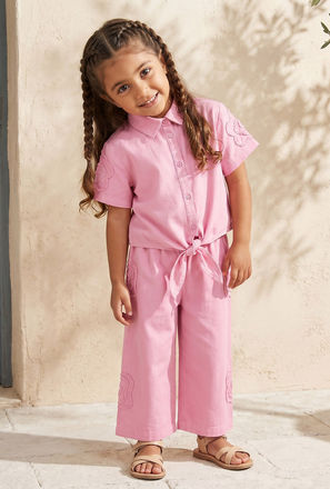 Juniors Collared Short Sleeves Shirt and Pants Set with Lace Applique