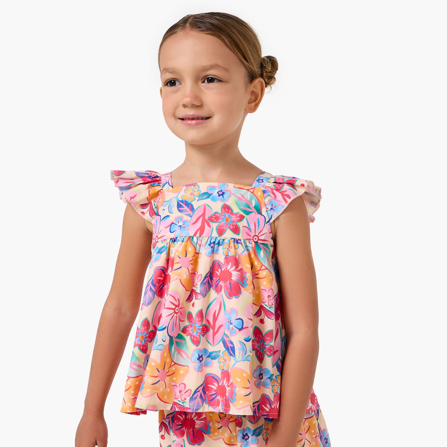 Juniors Square Neck Ruffle Sleeves Top and Pants Set with Floral Print