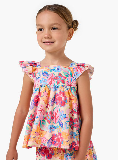 Juniors Square Neck Ruffle Sleeves Top and Pants Set with Floral Print-baby-girls-clothing-setsandcoords-image-2