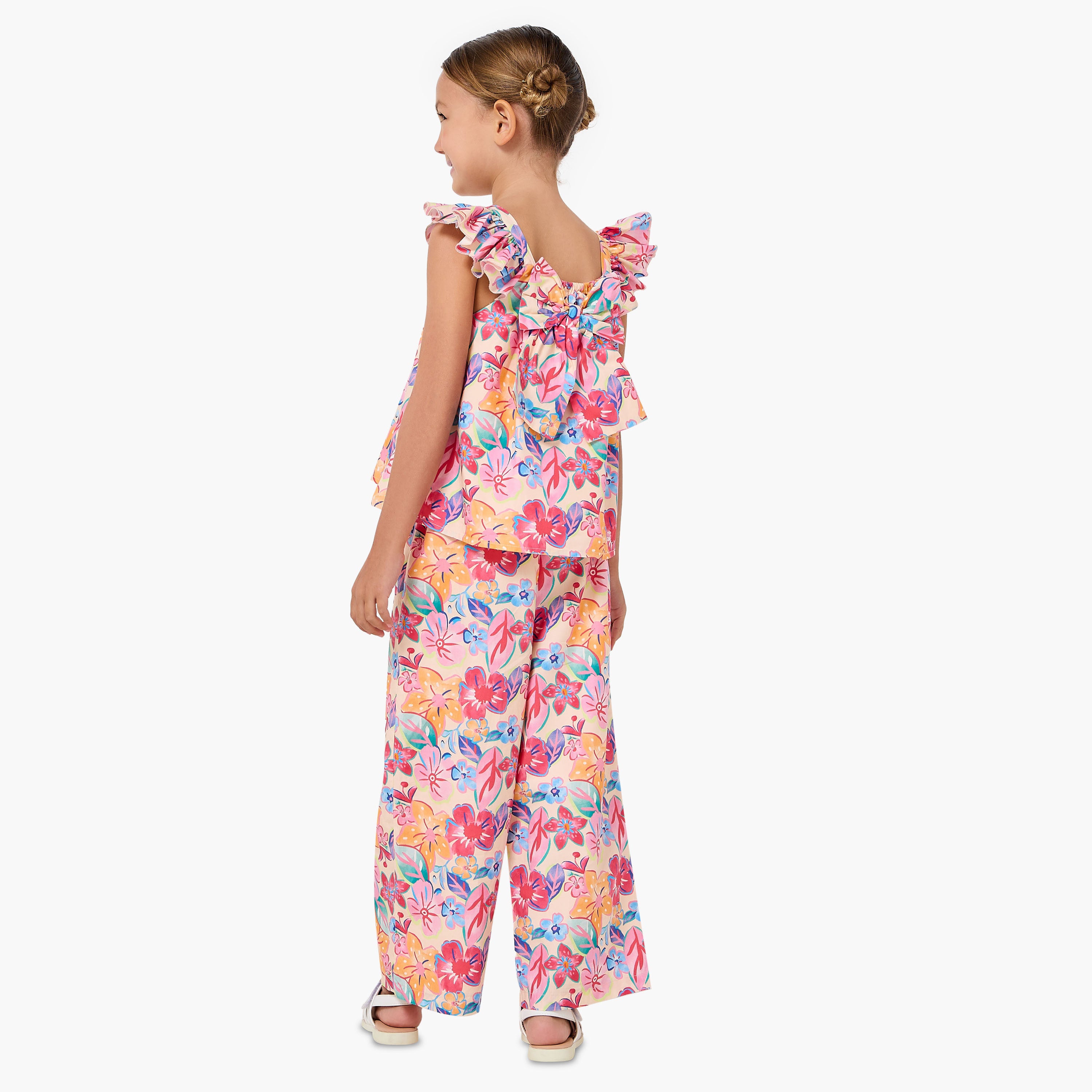 Juniors Square Neck Ruffle Sleeves Top and Pants Set with Floral Print