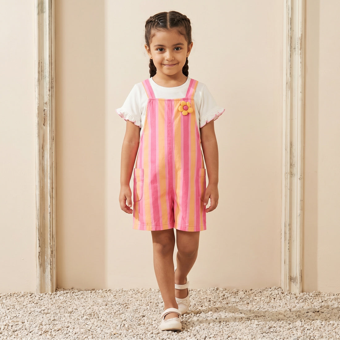 Juniors Crew Neck Short Sleeves T-shirt and Dungaree Set with Stripes