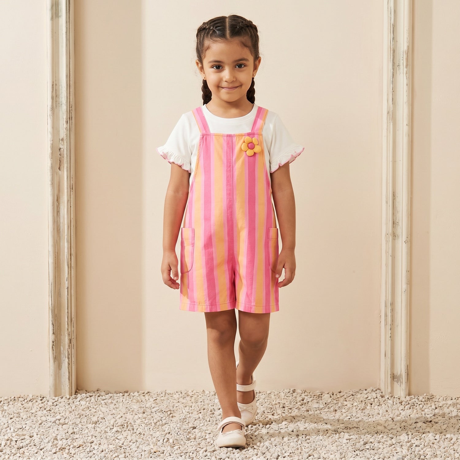 Juniors Crew Neck Short Sleeves T-shirt and Dungaree Set with Stripes