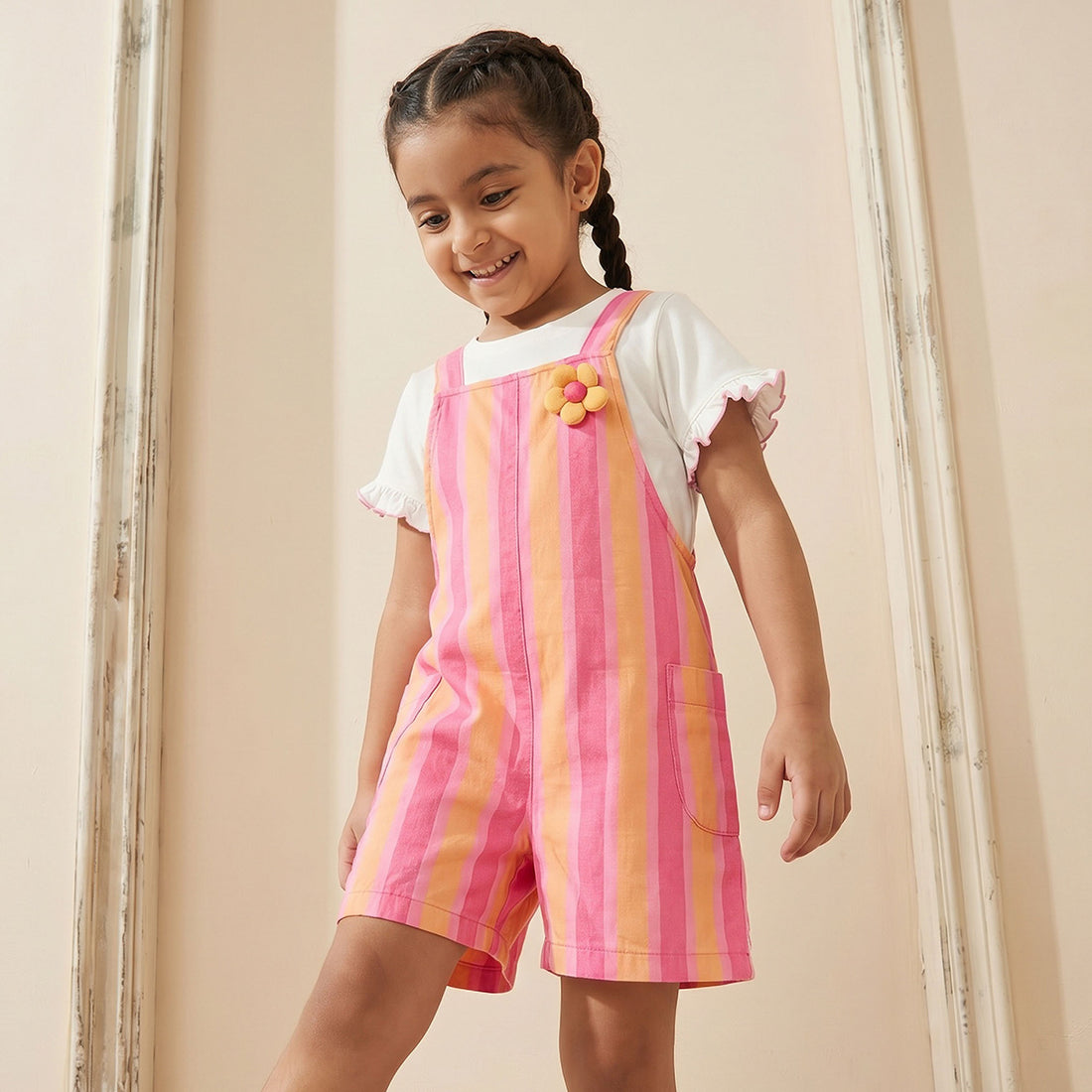 Juniors Crew Neck Short Sleeves T-shirt and Dungaree Set with Stripes - Multicolour / 1-2 yrs