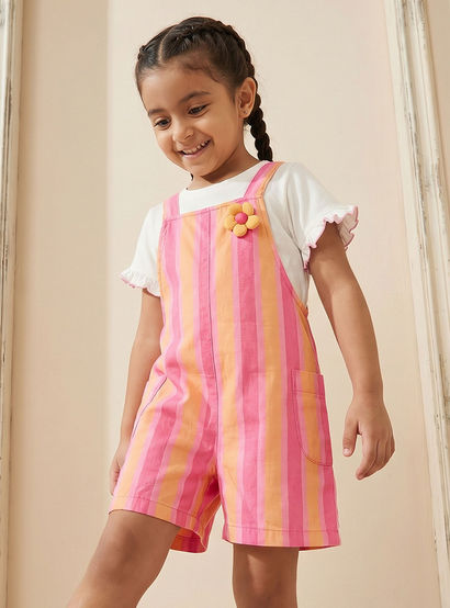 Juniors Crew Neck Short Sleeves T-shirt and Dungaree Set with Stripes-baby-girls-clothing-setsandcoords-image-1