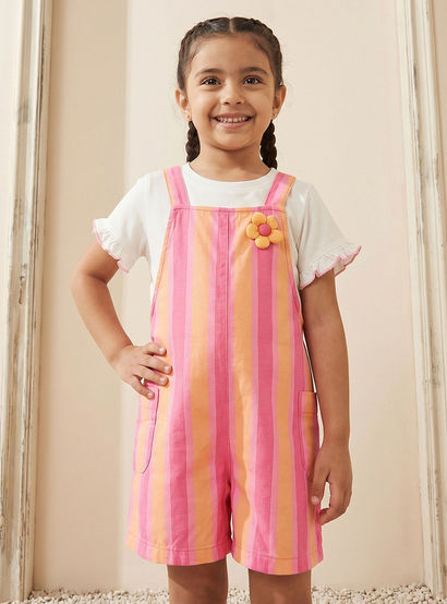 Juniors Crew Neck Short Sleeves T-shirt and Dungaree Set with Stripes-baby-girls-clothing-setsandcoords-image-2