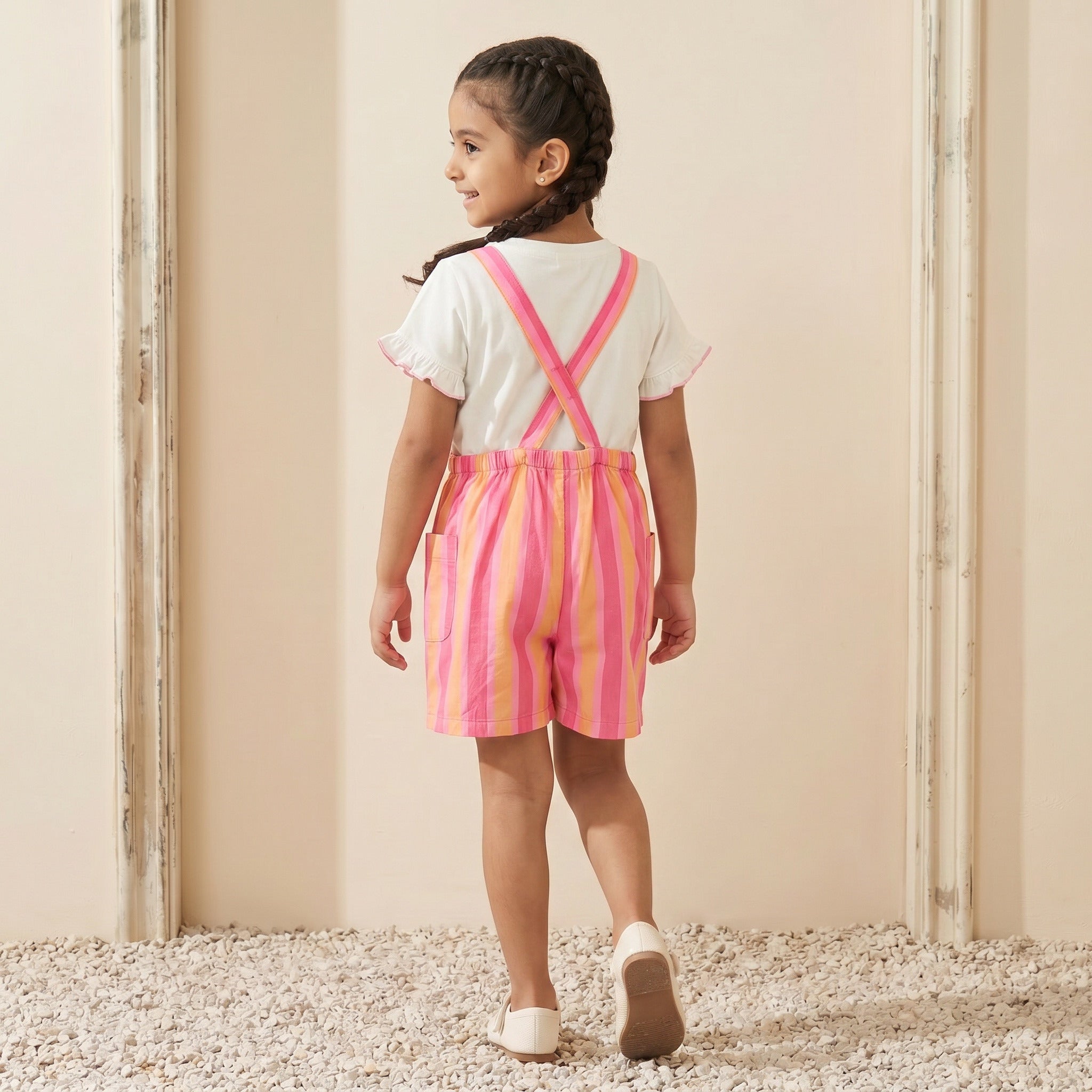 Juniors Crew Neck Short Sleeves T-shirt and Dungaree Set with Stripes