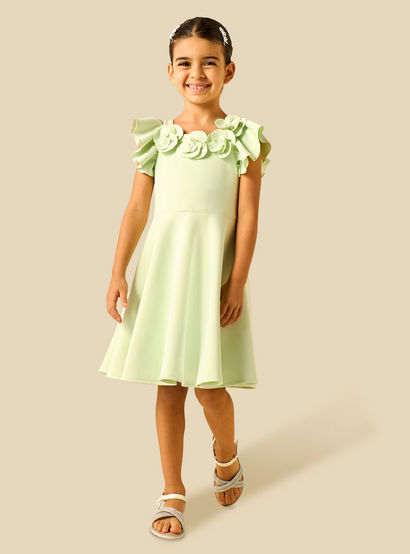 Juniors Round Neck Short Sleeves Dress with Floral Applique-girls-clothing-dressesandjumpsuits-image-2