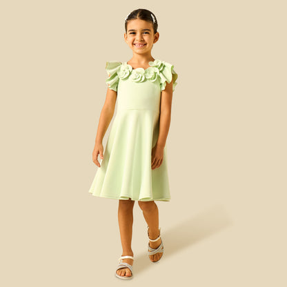 Juniors Round Neck Short Sleeves Dress with Floral Applique