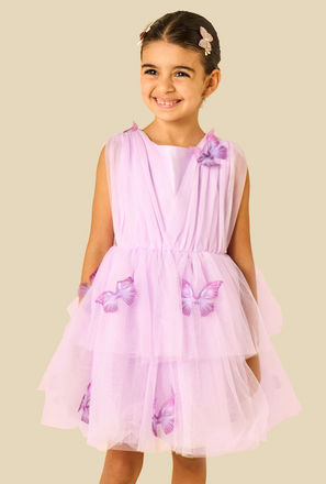 Juniors Round Neck Sleeveless Dress with Butterfly Applique