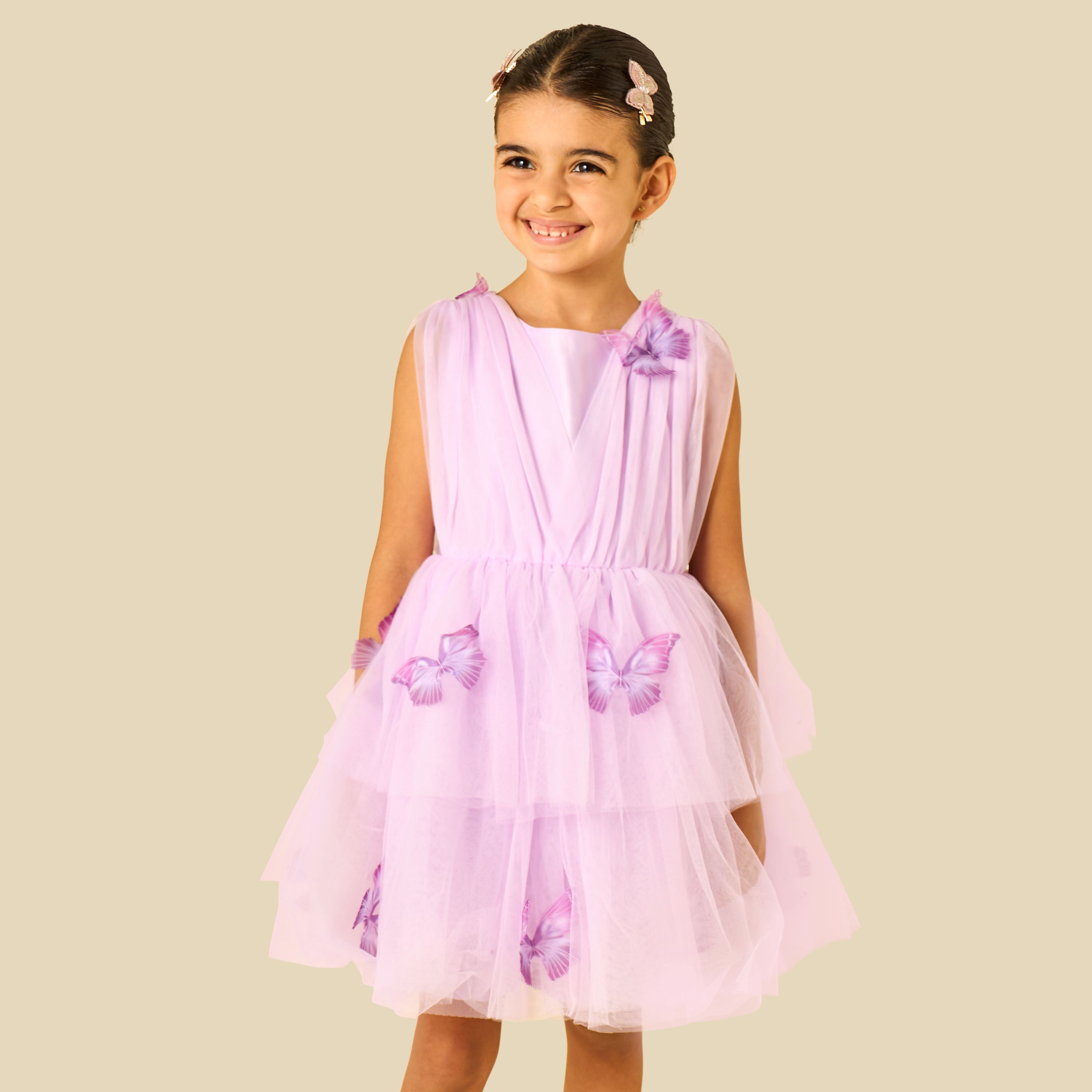 Juniors Round Neck Sleeveless Dress with Butterfly Applique - Purple / 1-2 yrs