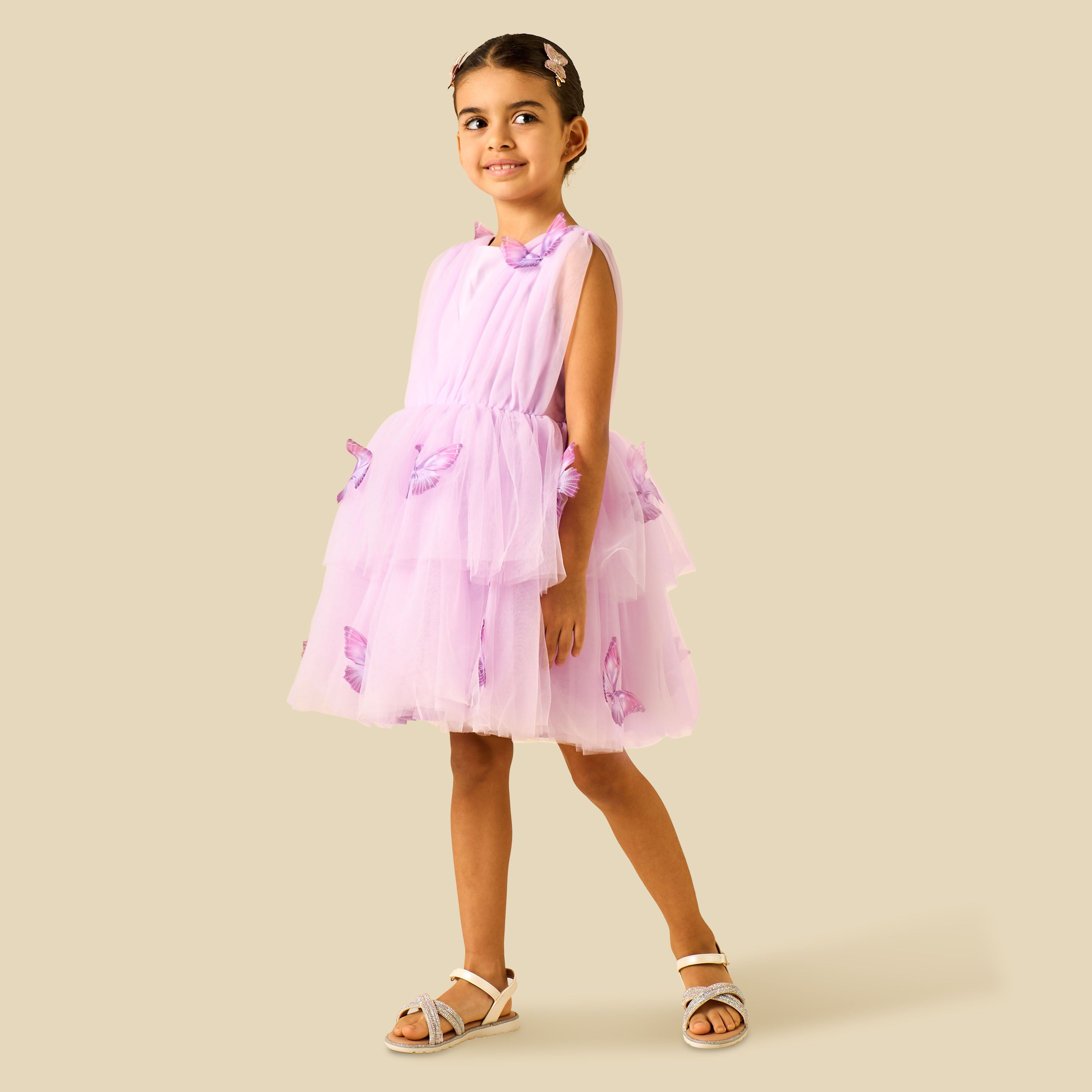 Juniors Round Neck Sleeveless Dress with Butterfly Applique