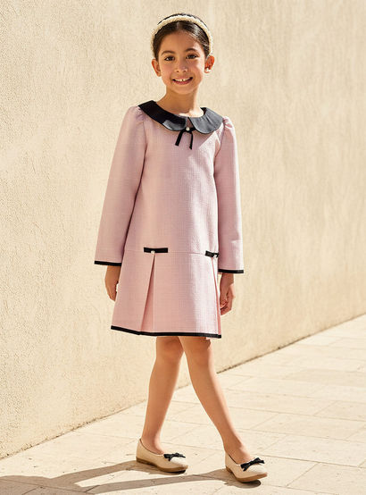 Juniors Peter Pan Collar Long Sleeves Dress with Pearl Embellishment-girls-clothing-dressesandjumpsuits-image-1