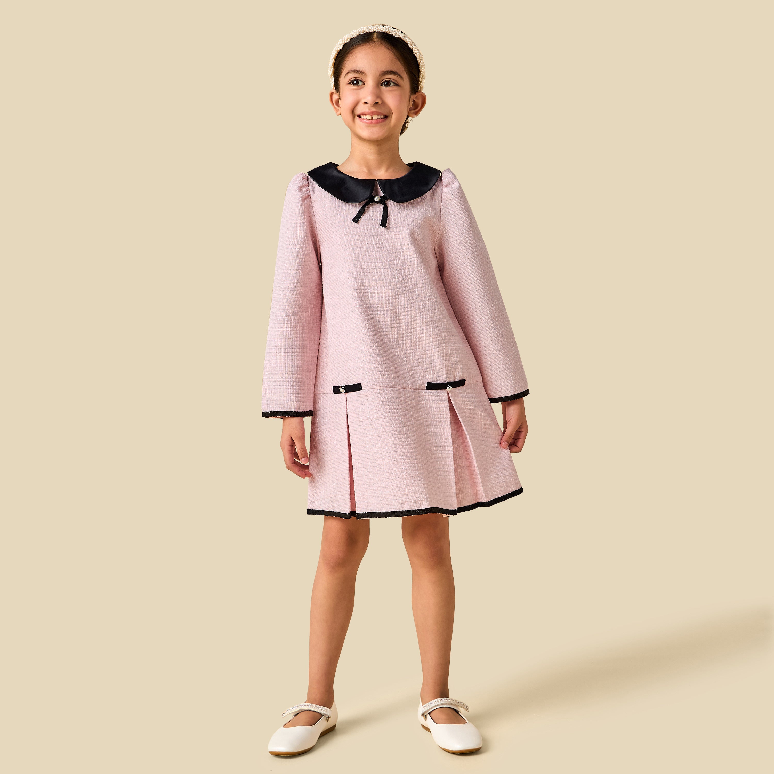 Juniors Peter Pan Collar Long Sleeves Dress with Pearl Embellishment