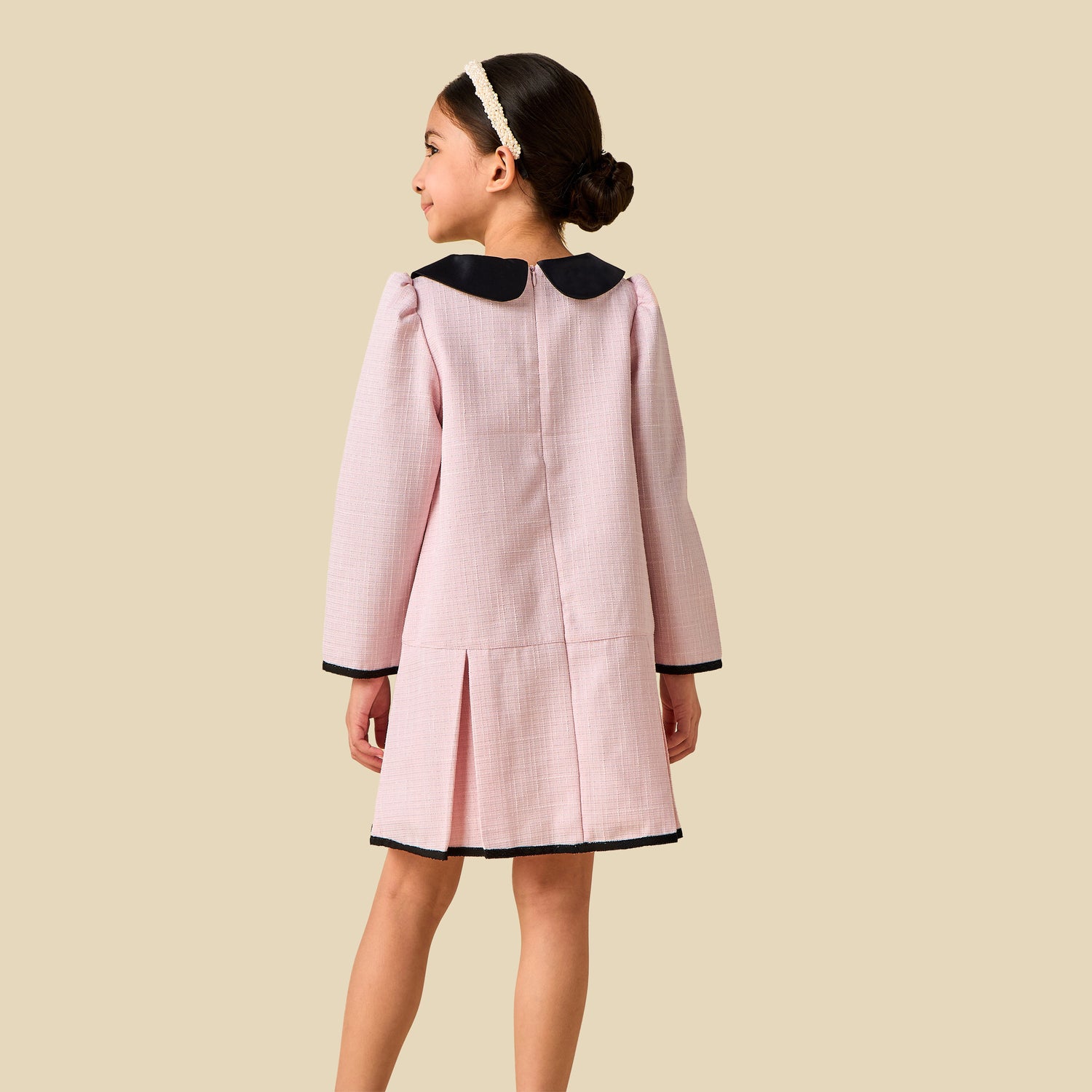 Juniors Peter Pan Collar Long Sleeves Dress with Pearl Embellishment