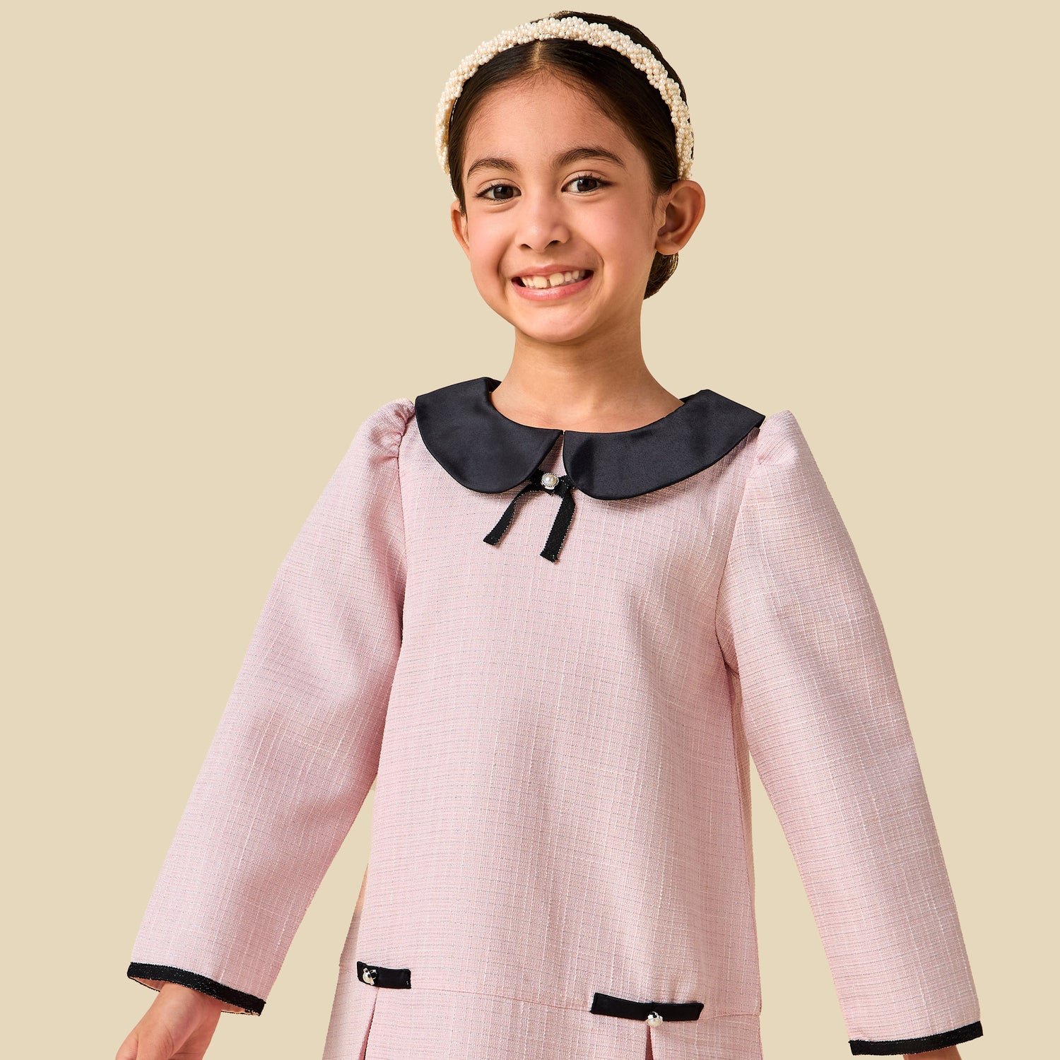 Juniors Peter Pan Collar Long Sleeves Dress with Pearl Embellishment