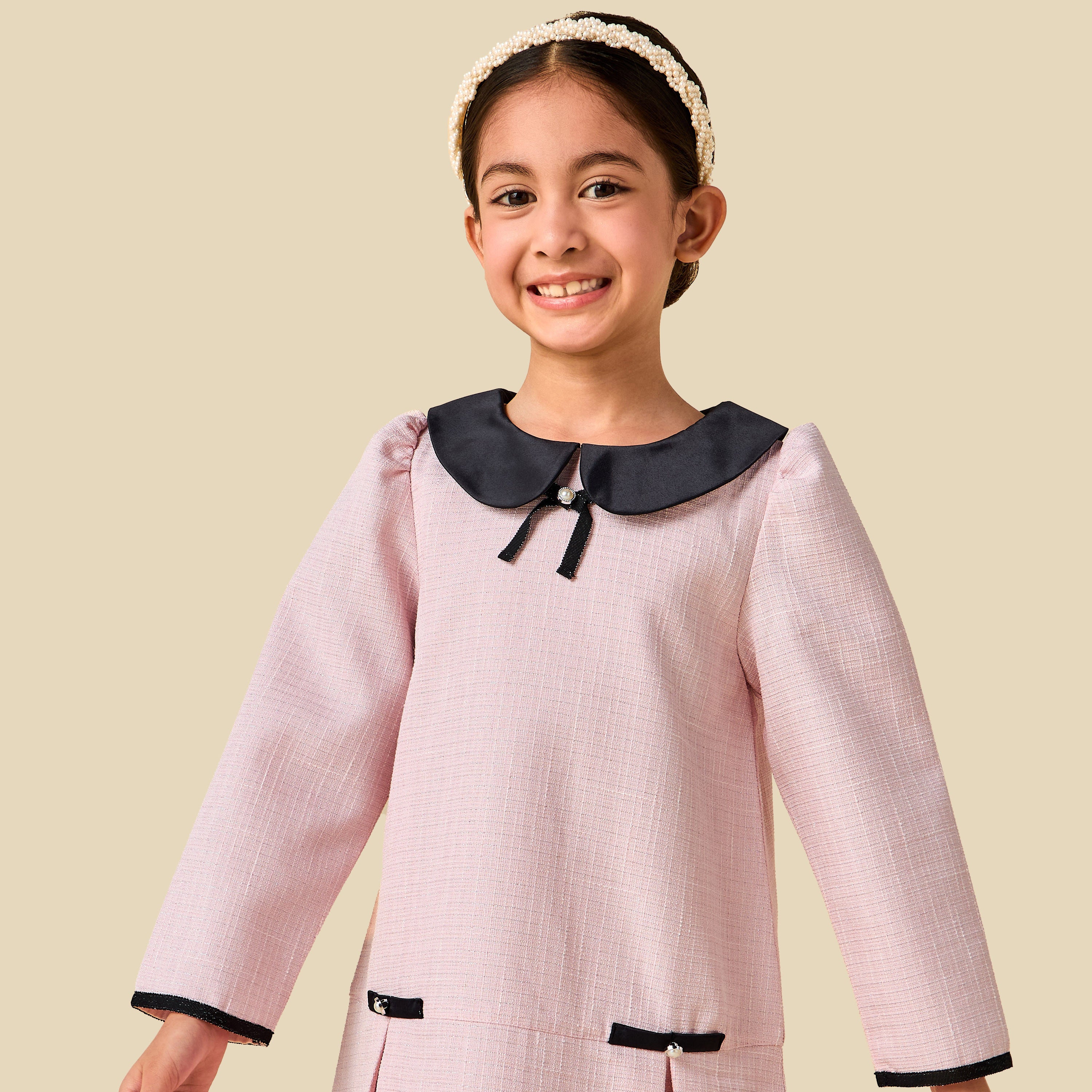 Juniors Peter Pan Collar Long Sleeves Dress with Pearl Embellishment