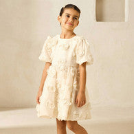 Juniors Round Neck Short Sleeves A-line Dress with Floral Applique-undefined-image-1