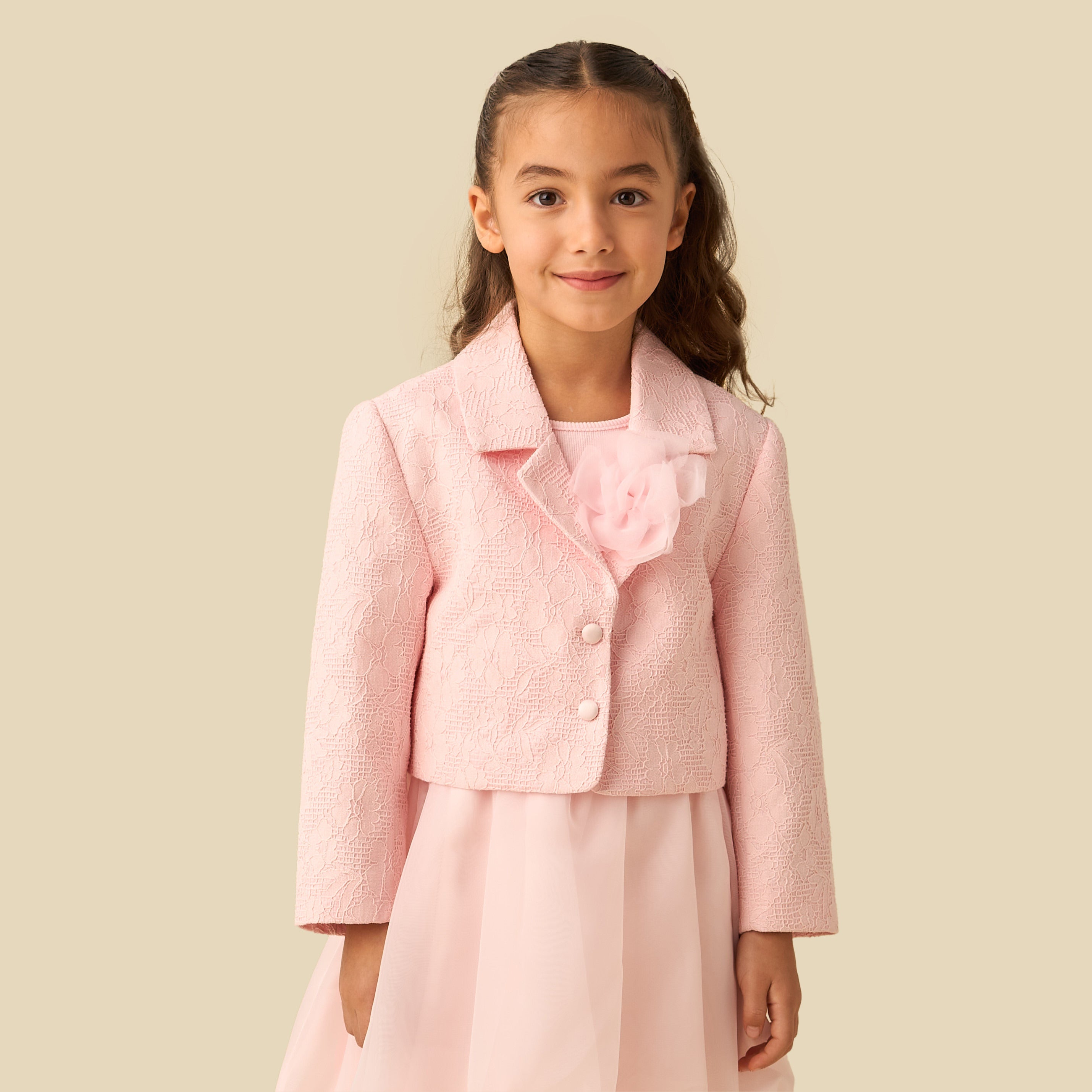 Juniors Sleeveless Dress with Floral Textured Collared Blazer