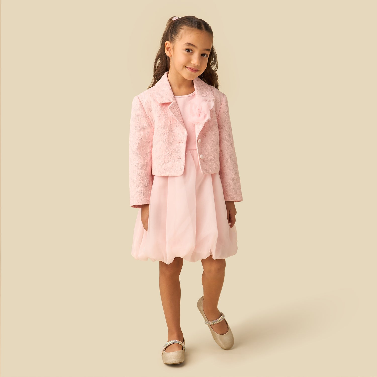Juniors Sleeveless Dress with Floral Textured Collared Blazer