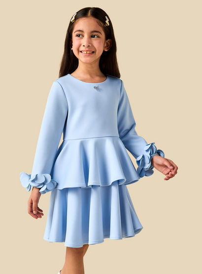 Juniors Round Neck Long Sleeves Tiered Dress with Ruffle Detail-girls-clothing-dressesandjumpsuits-image-2