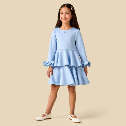 Juniors Round Neck Long Sleeves Tiered Dress with Ruffle Detail
