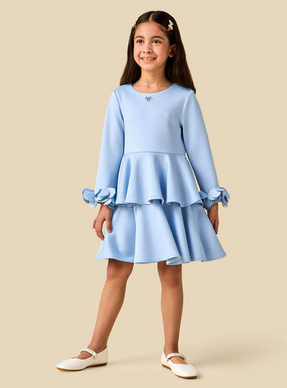 Juniors Round Neck Long Sleeves Tiered Dress with Ruffle Detail-girls-clothing-dressesandjumpsuits-image-3
