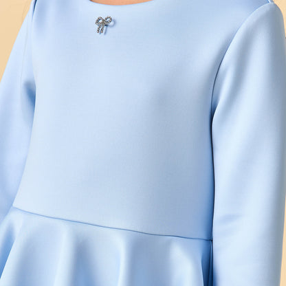 Juniors Round Neck Long Sleeves Tiered Dress with Ruffle Detail