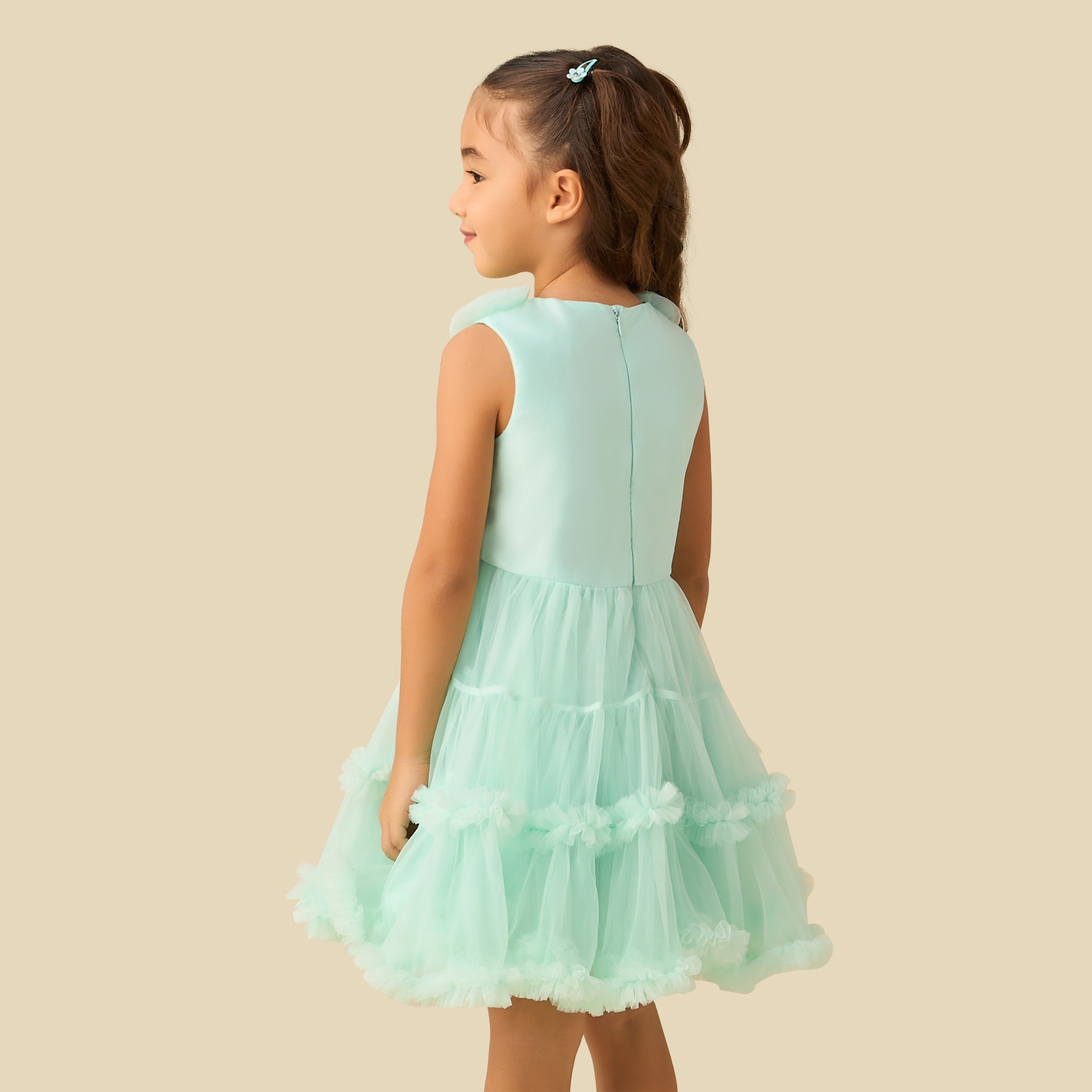 Juniors Round Neck Sleeveless Tiered Prom Dress with Floral Applique