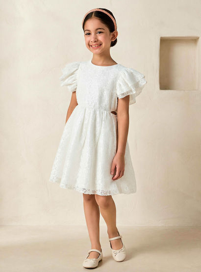 Juniors Round Neck Short Sleeves A-line Dress with Sequin Embellishments-girls-clothing-dressesandjumpsuits-image-1