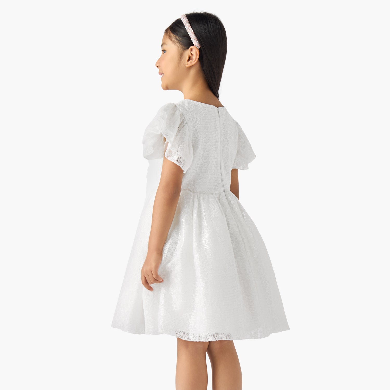 Juniors Round Neck Short Sleeves A-line Dress with Sequin Embellishments