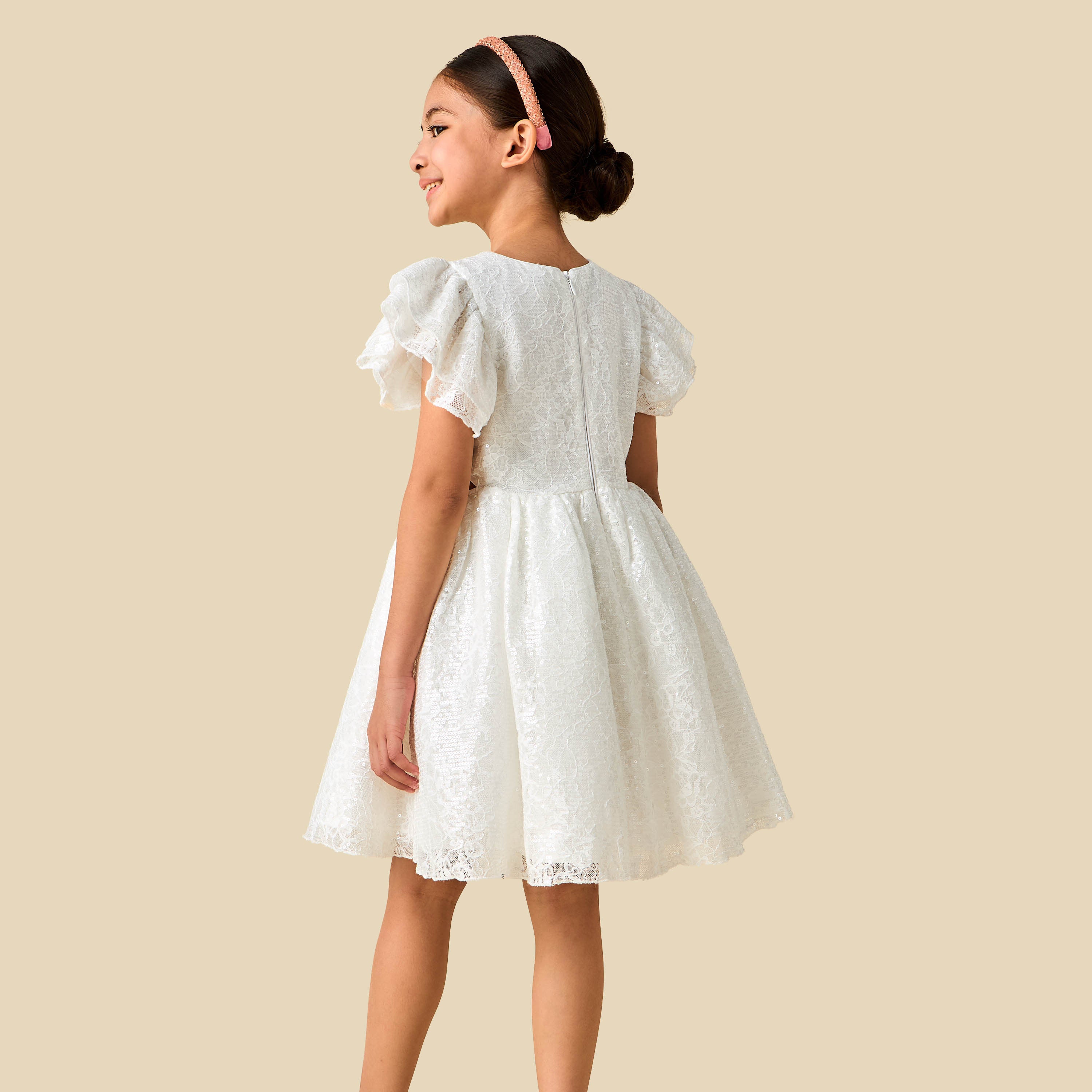 Juniors Round Neck Short Sleeves A-line Dress with Sequin Embellishments
